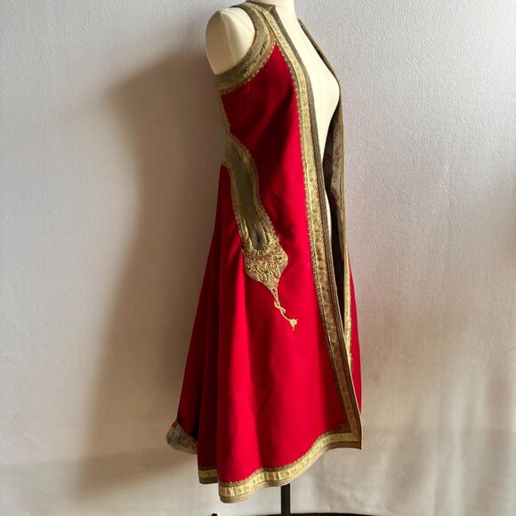 Antique Red Wool & Gold Trim Balkan Macedonian Long Traditional Folk Vest - Picture 4 of 16